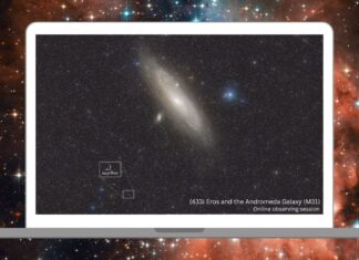 Близкий пролёт астероида Эрос мимо галактики Андромеды в редком небесном выравнивании